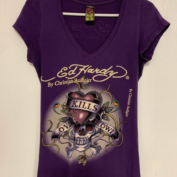 Ed Hardy Tops - Ed Hardy By Christian Audigier Purple Love Kills Slowly Tee